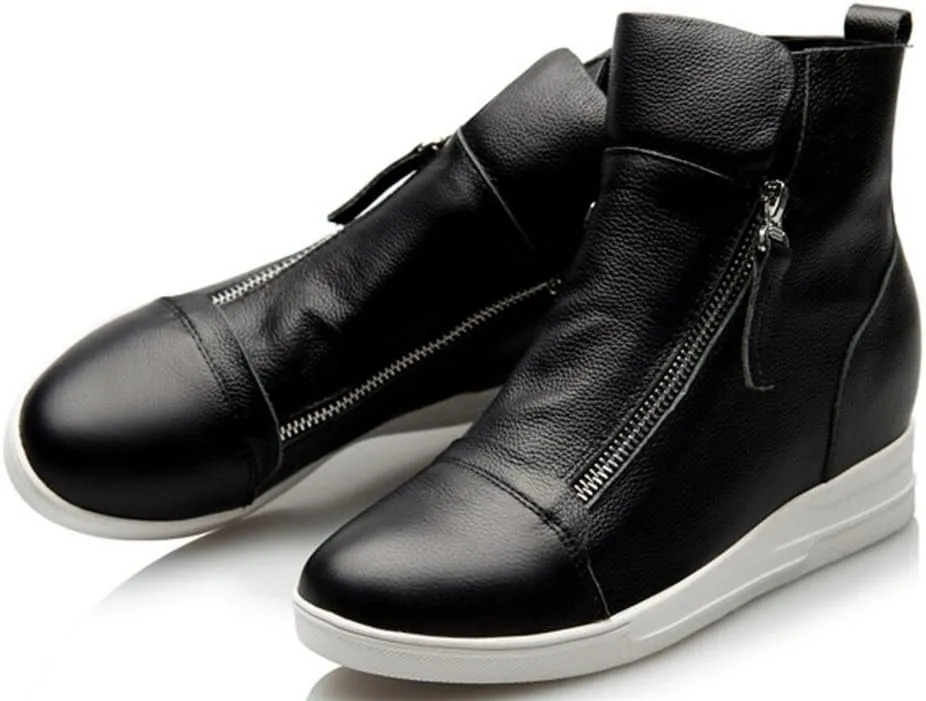 ACE SHOCK Wedges Sneakers for Women Leather, High Hidden Heel Zip up Walking Sneakers Black White Red Silver