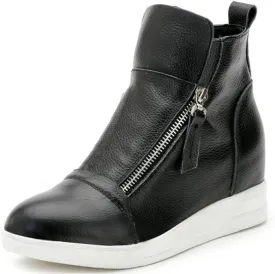 ACE SHOCK Wedges Sneakers for Women Leather, High Hidden Heel Zip up Walking Sneakers Black White Red Silver