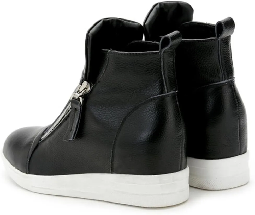 ACE SHOCK Wedges Sneakers for Women Leather, High Hidden Heel Zip up Walking Sneakers Black White Red Silver