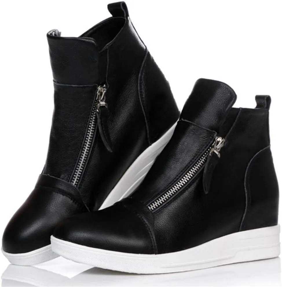 ACE SHOCK Wedges Sneakers for Women Leather, High Hidden Heel Zip up Walking Sneakers Black White Red Silver