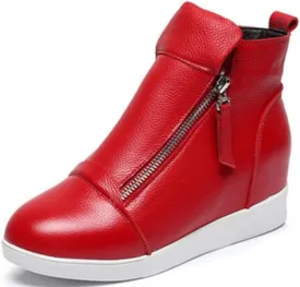 ACE SHOCK Wedges Sneakers for Women Leather, High Hidden Heel Zip up Walking Sneakers Black White Red Silver