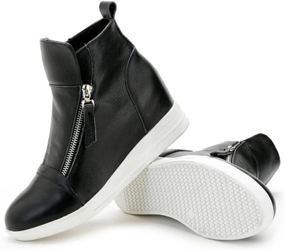 ACE SHOCK Wedges Sneakers for Women Leather, High Hidden Heel Zip up Walking Sneakers Black White Red Silver