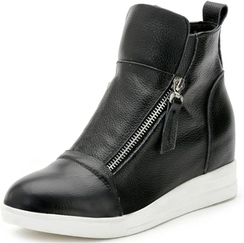 ACE SHOCK Wedges Sneakers for Women Leather, High Hidden Heel Zip up Walking Sneakers Black White Red Silver