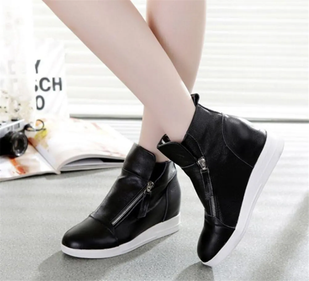 ACE SHOCK Wedges Sneakers for Women Leather, High Hidden Heel Zip up Walking Sneakers Black White Red Silver