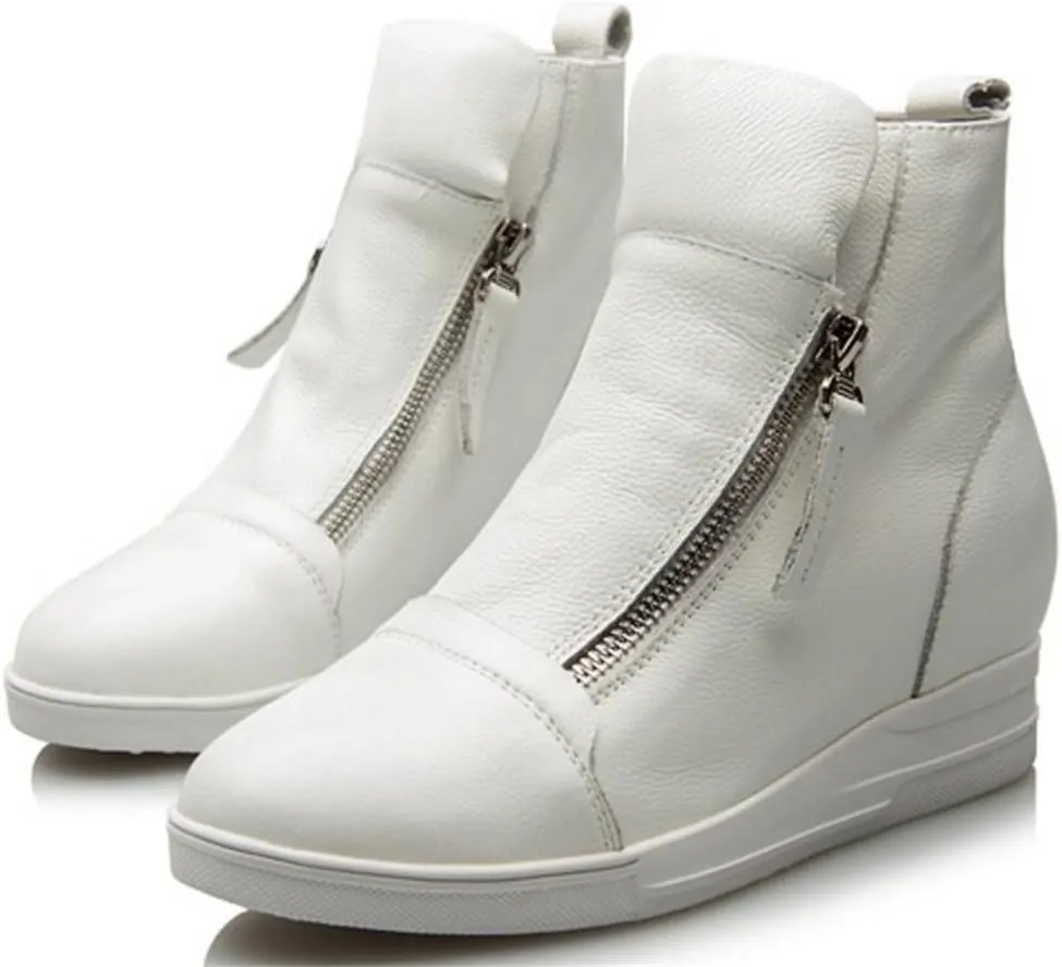 ACE SHOCK Wedges Sneakers for Women Leather, High Hidden Heel Zip up Walking Sneakers Black White Red Silver