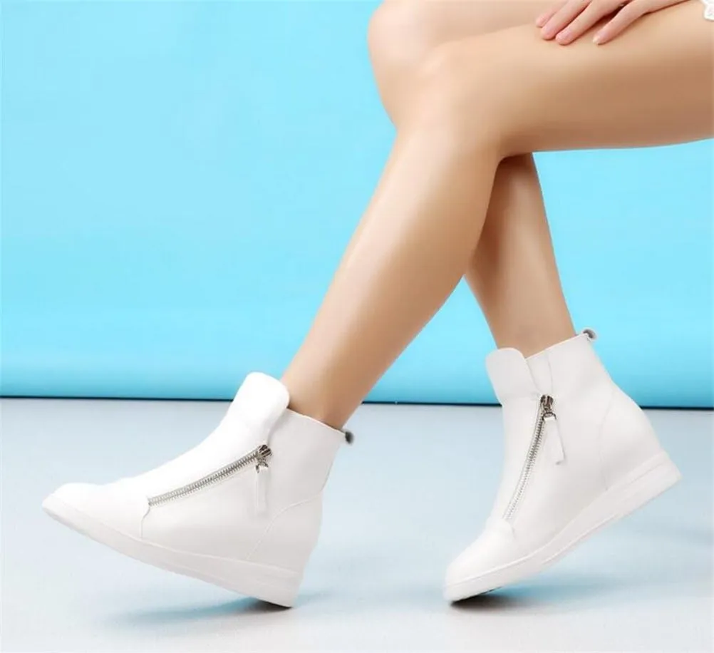 ACE SHOCK Wedges Sneakers for Women Leather, High Hidden Heel Zip up Walking Sneakers Black White Red Silver