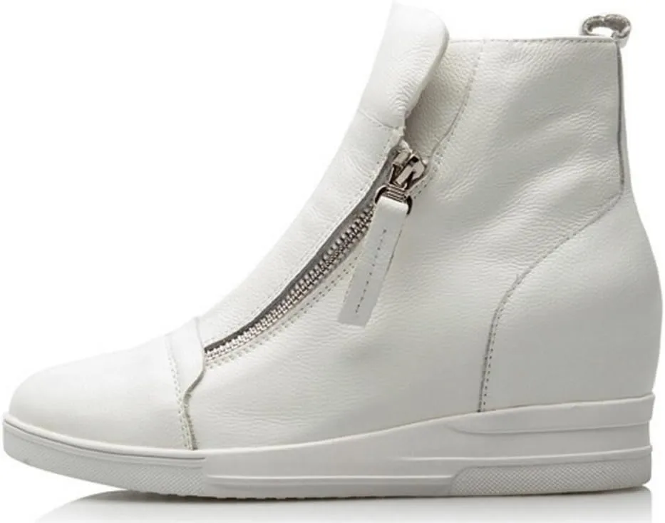 ACE SHOCK Wedges Sneakers for Women Leather, High Hidden Heel Zip up Walking Sneakers Black White Red Silver
