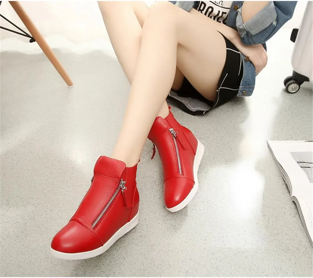 ACE SHOCK Wedges Sneakers for Women Leather, High Hidden Heel Zip up Walking Sneakers Black White Red Silver