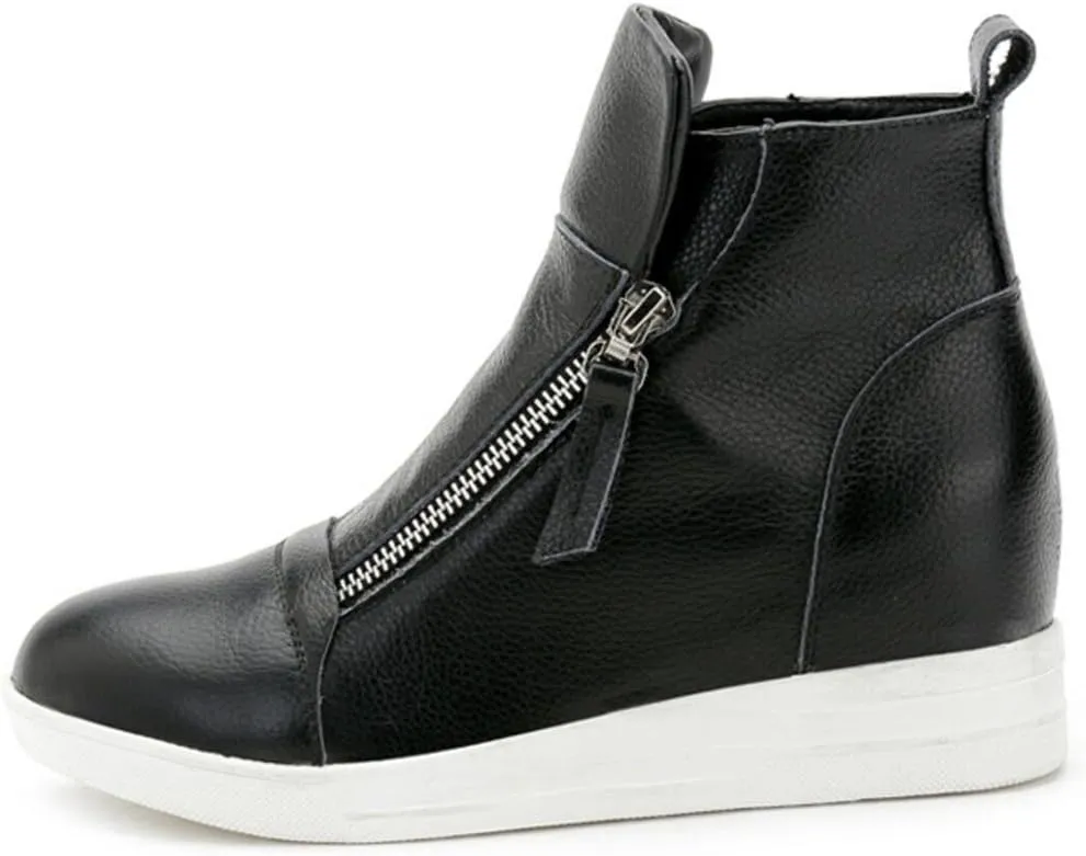 ACE SHOCK Wedges Sneakers for Women Leather, High Hidden Heel Zip up Walking Sneakers Black White Red Silver
