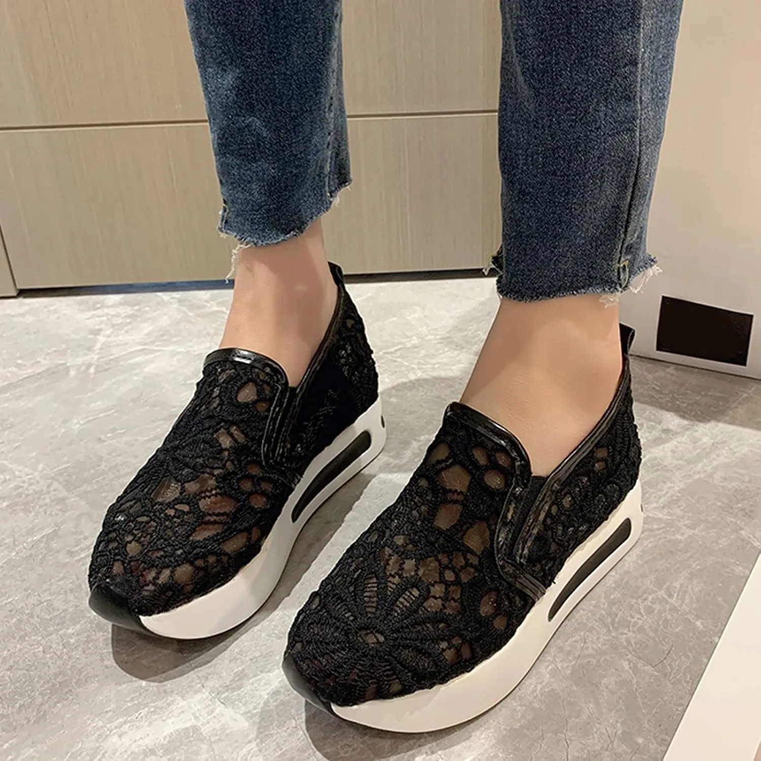 Aniywn Women's Slip-on Walking Shoes Mesh Breathable Sequins Platform Sneakers Summer High Heel Hidden Wedges Sneaker