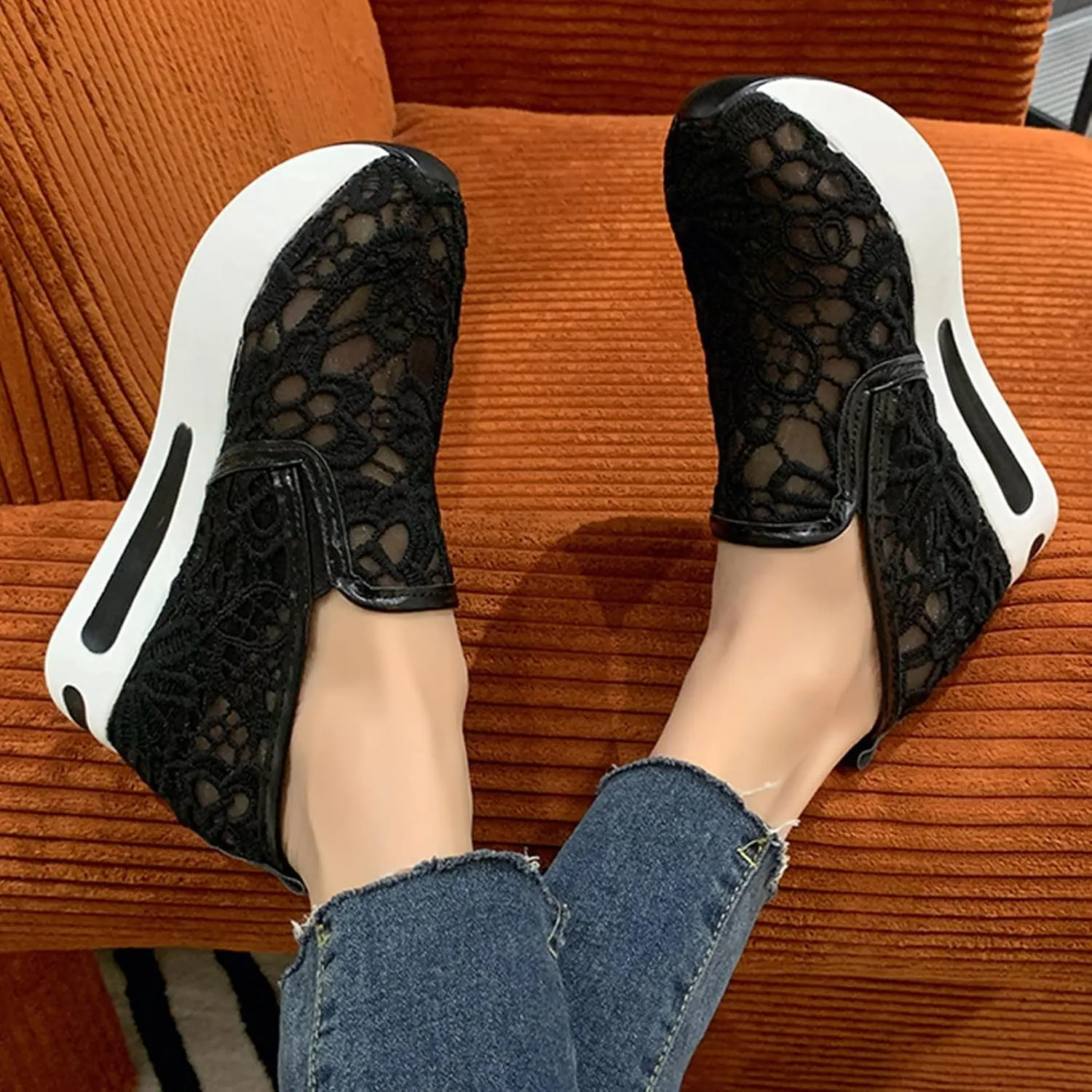 Aniywn Women's Slip-on Walking Shoes Mesh Breathable Sequins Platform Sneakers Summer High Heel Hidden Wedges Sneaker