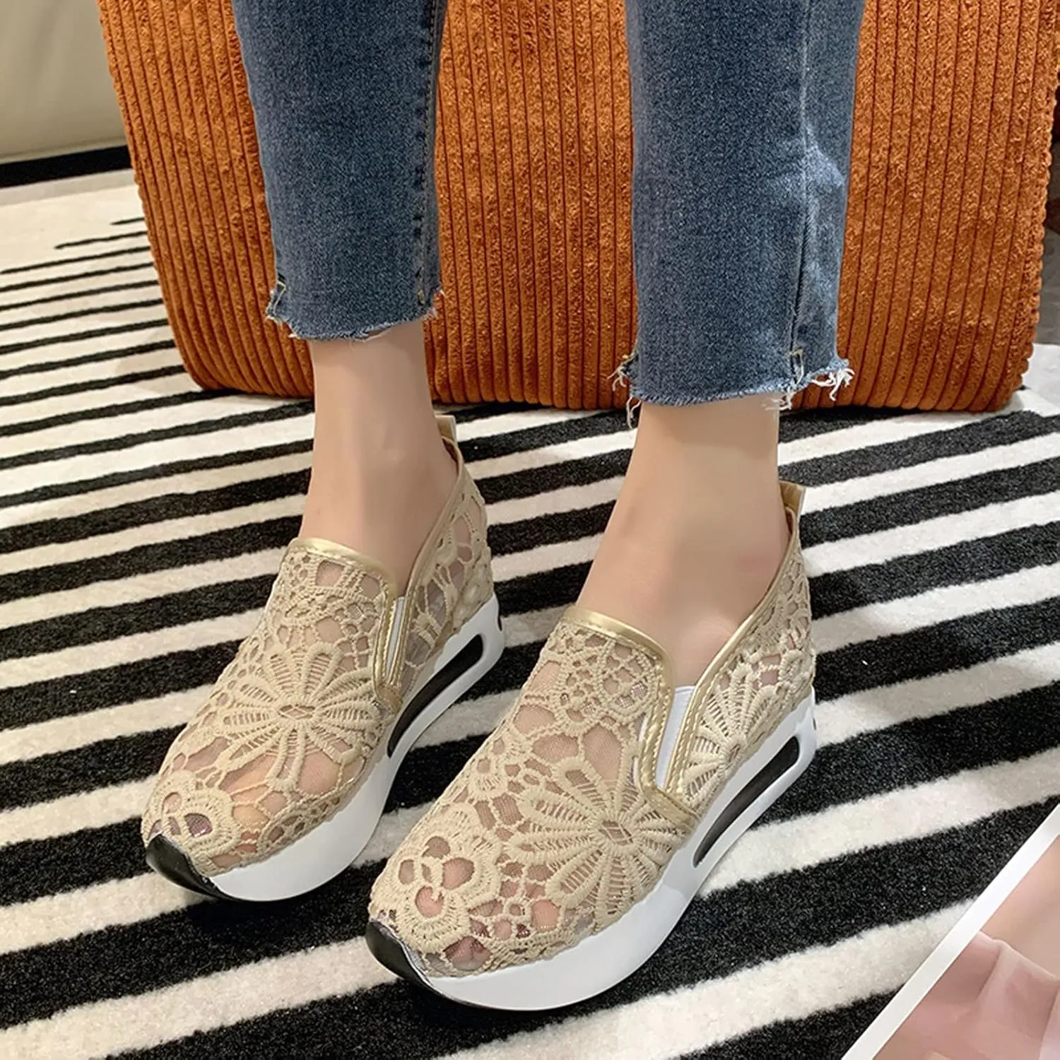 Aniywn Women's Slip-on Walking Shoes Mesh Breathable Sequins Platform Sneakers Summer High Heel Hidden Wedges Sneaker