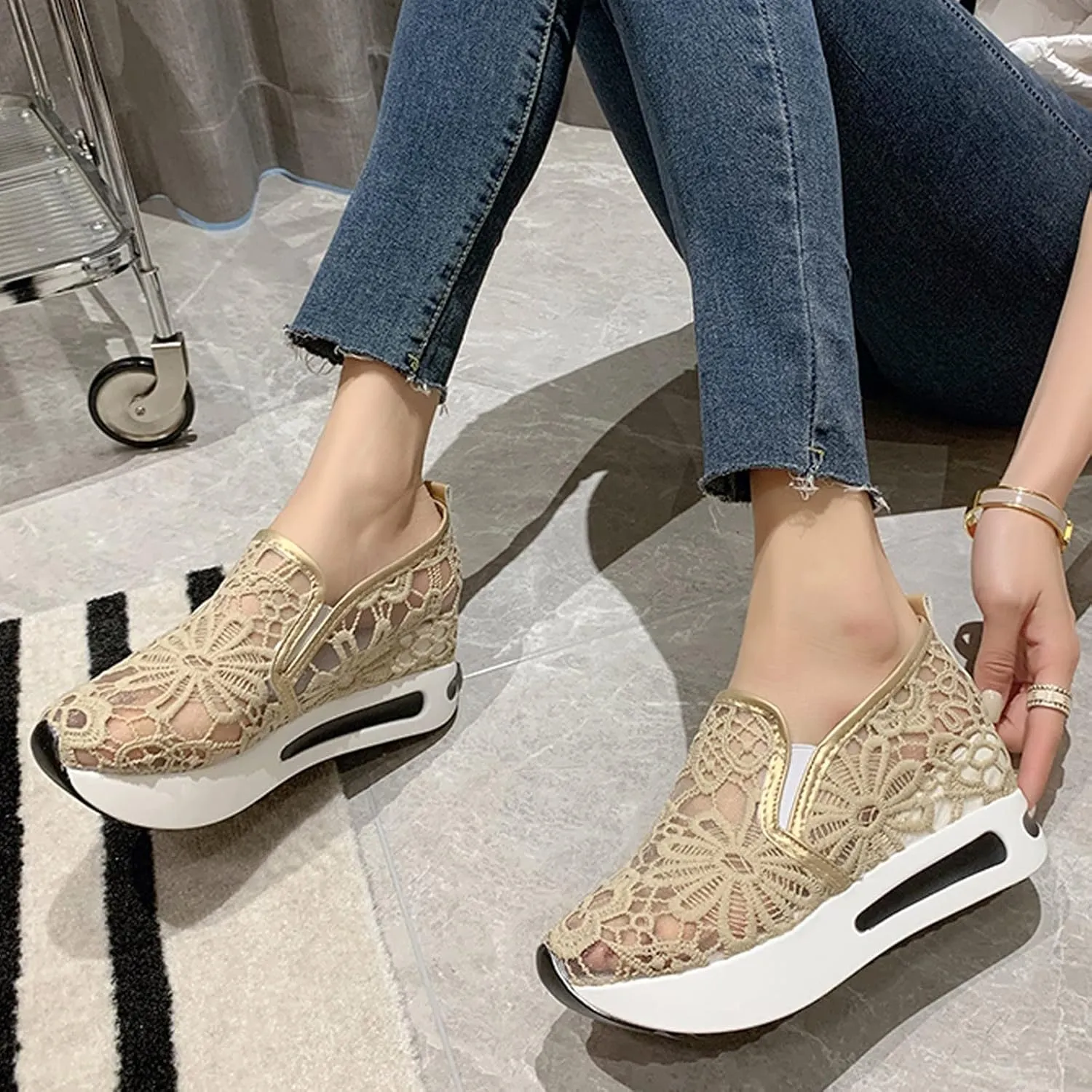 Aniywn Women's Slip-on Walking Shoes Mesh Breathable Sequins Platform Sneakers Summer High Heel Hidden Wedges Sneaker