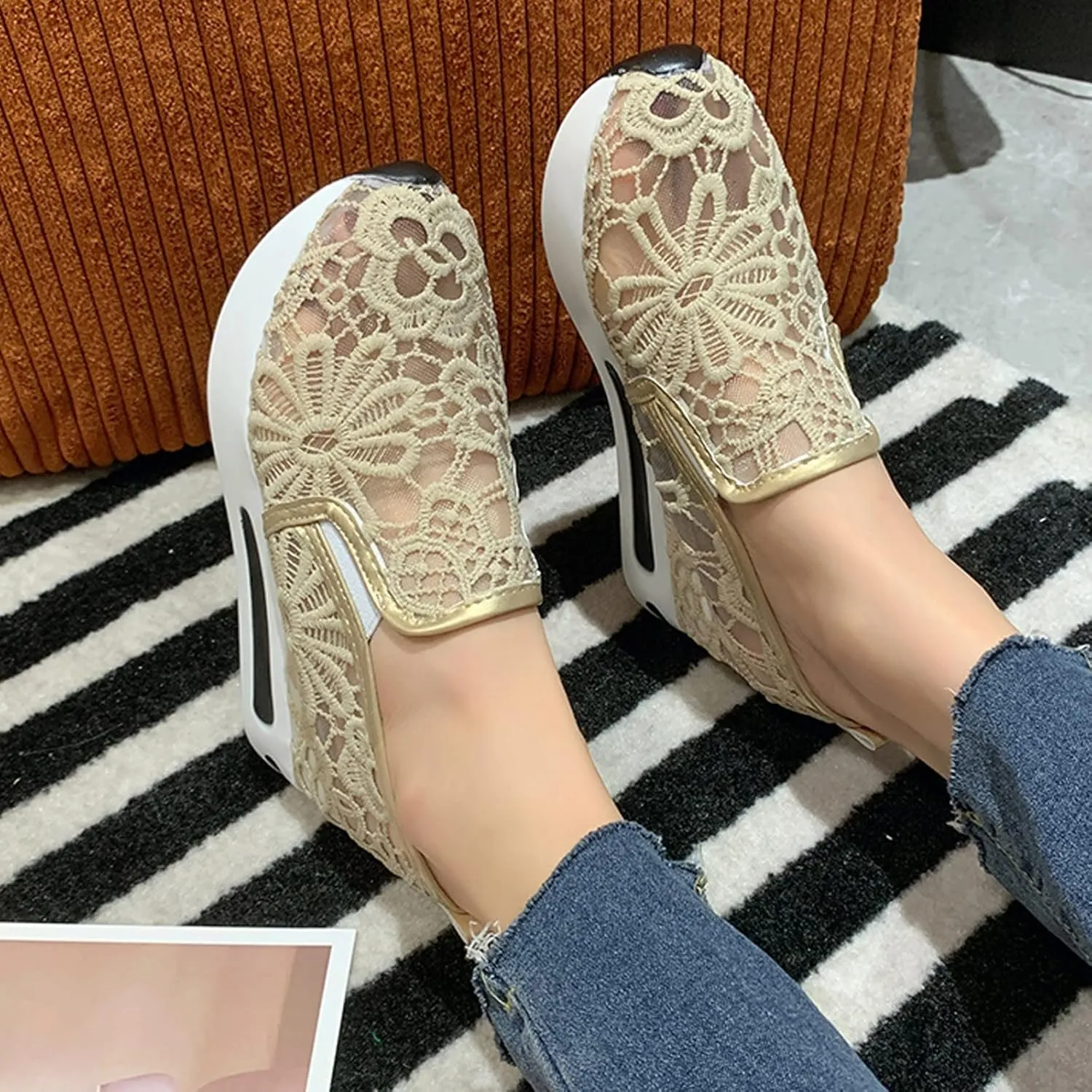 Aniywn Women's Slip-on Walking Shoes Mesh Breathable Sequins Platform Sneakers Summer High Heel Hidden Wedges Sneaker