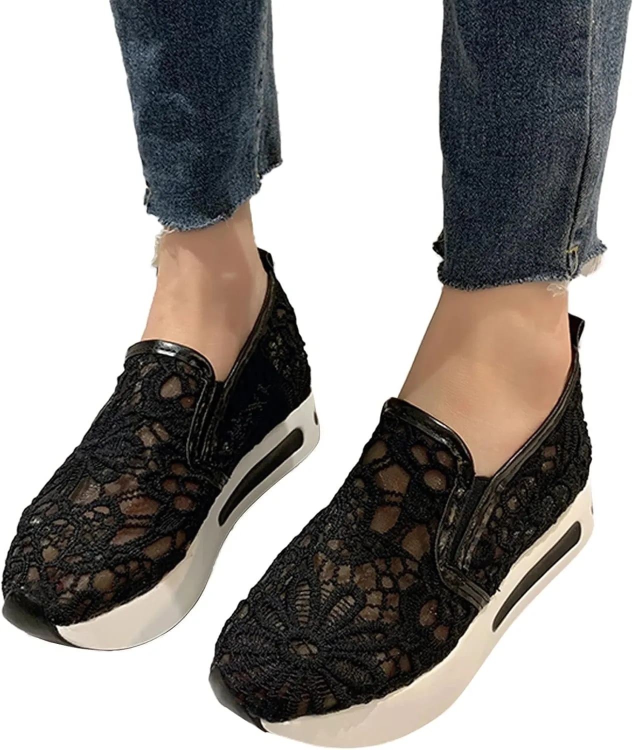 Aniywn Women's Slip-on Walking Shoes Mesh Breathable Sequins Platform Sneakers Summer High Heel Hidden Wedges Sneaker