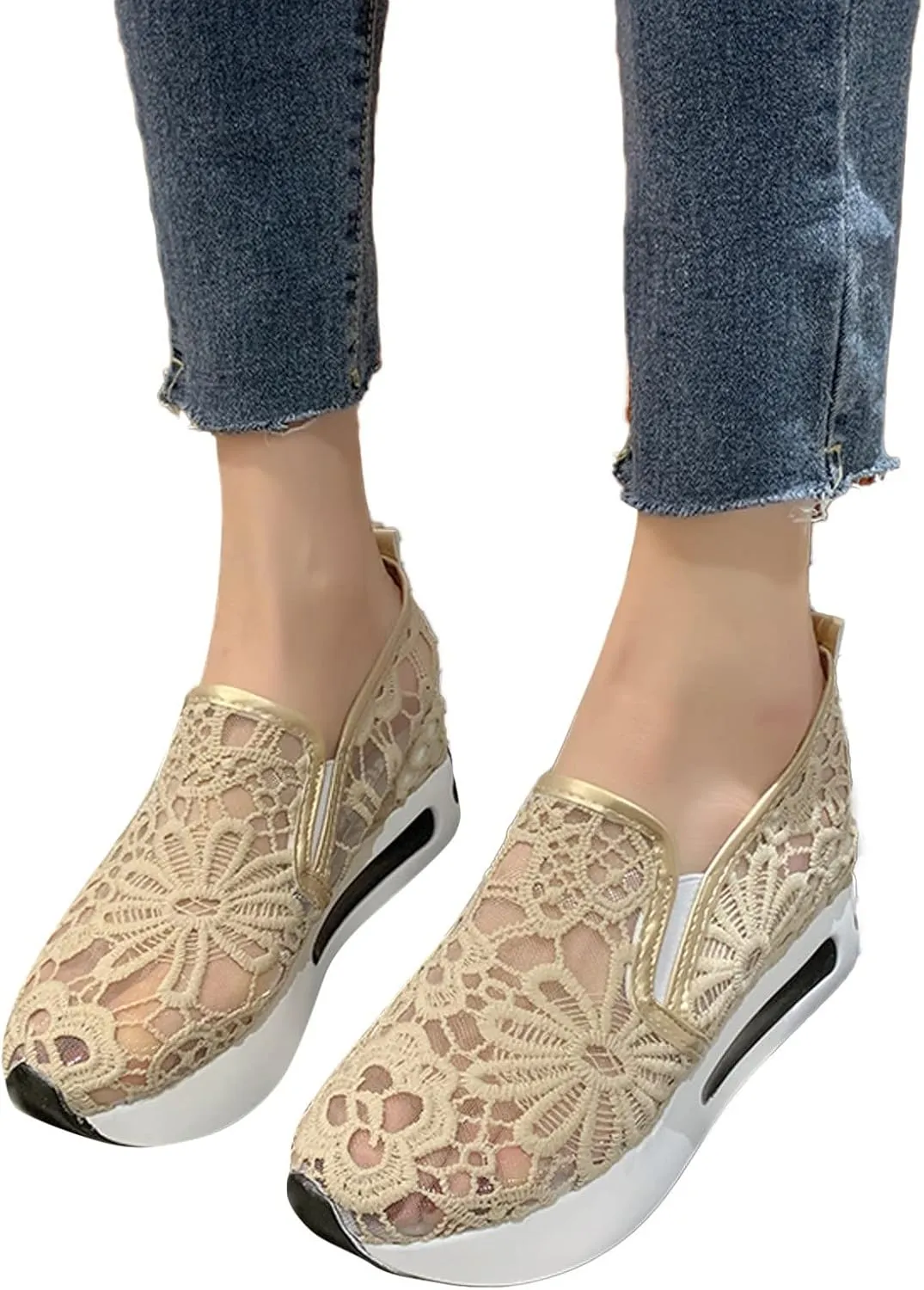 Aniywn Women's Slip-on Walking Shoes Mesh Breathable Sequins Platform Sneakers Summer High Heel Hidden Wedges Sneaker