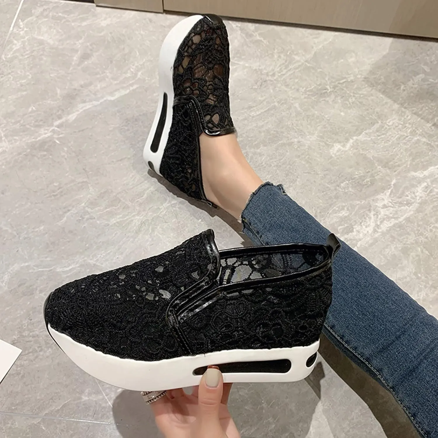Aniywn Women's Slip-on Walking Shoes Mesh Breathable Sequins Platform Sneakers Summer High Heel Hidden Wedges Sneaker