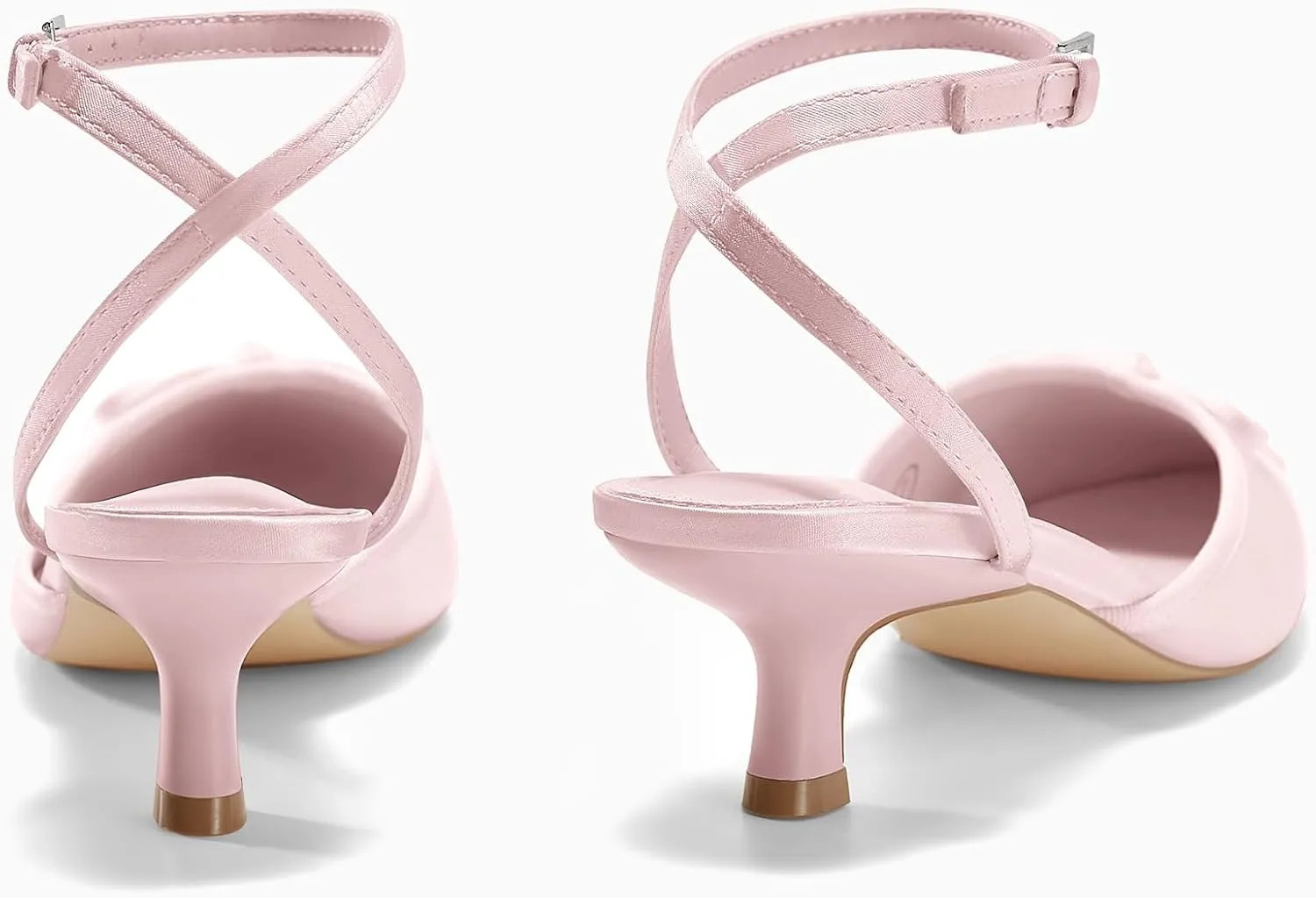 Coutgo Satin Kitten Low Heels with Bow Closed Pointed Toe Short Pumps Dress Wedding Party Shoes