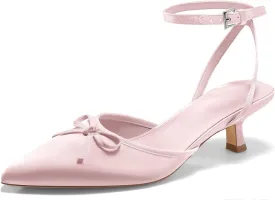 Coutgo Satin Kitten Low Heels with Bow Closed Pointed Toe Short Pumps Dress Wedding Party Shoes