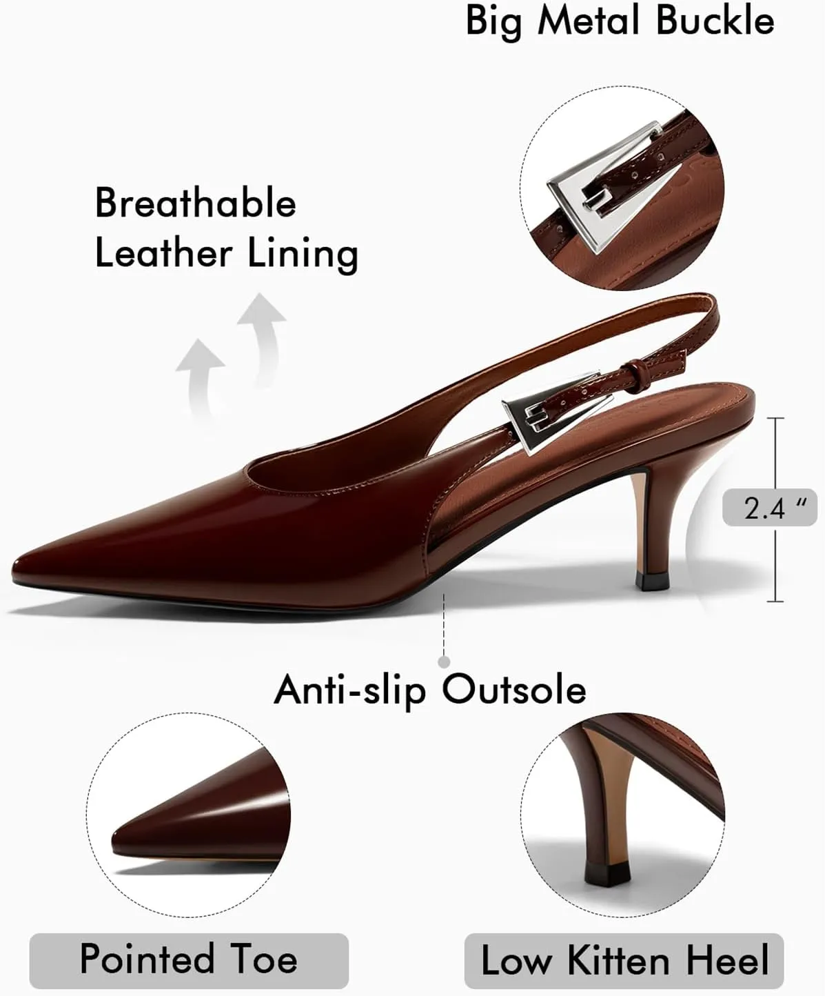 Coutgo Womens Slingback Heels Kitten Low Heel Dress Shoes Closed Pointed Toe Buckle Pumps Work Wedding Shoes