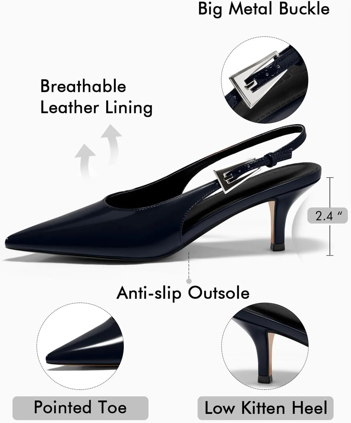 Coutgo Womens Slingback Heels Kitten Low Heel Dress Shoes Closed Pointed Toe Buckle Pumps Work Wedding Shoes