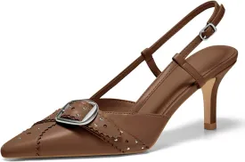 Coutgo Womens Slingback Kitten Heels Studded Closed Pointed Toe Pumps with Buckle Party Dress Shoes