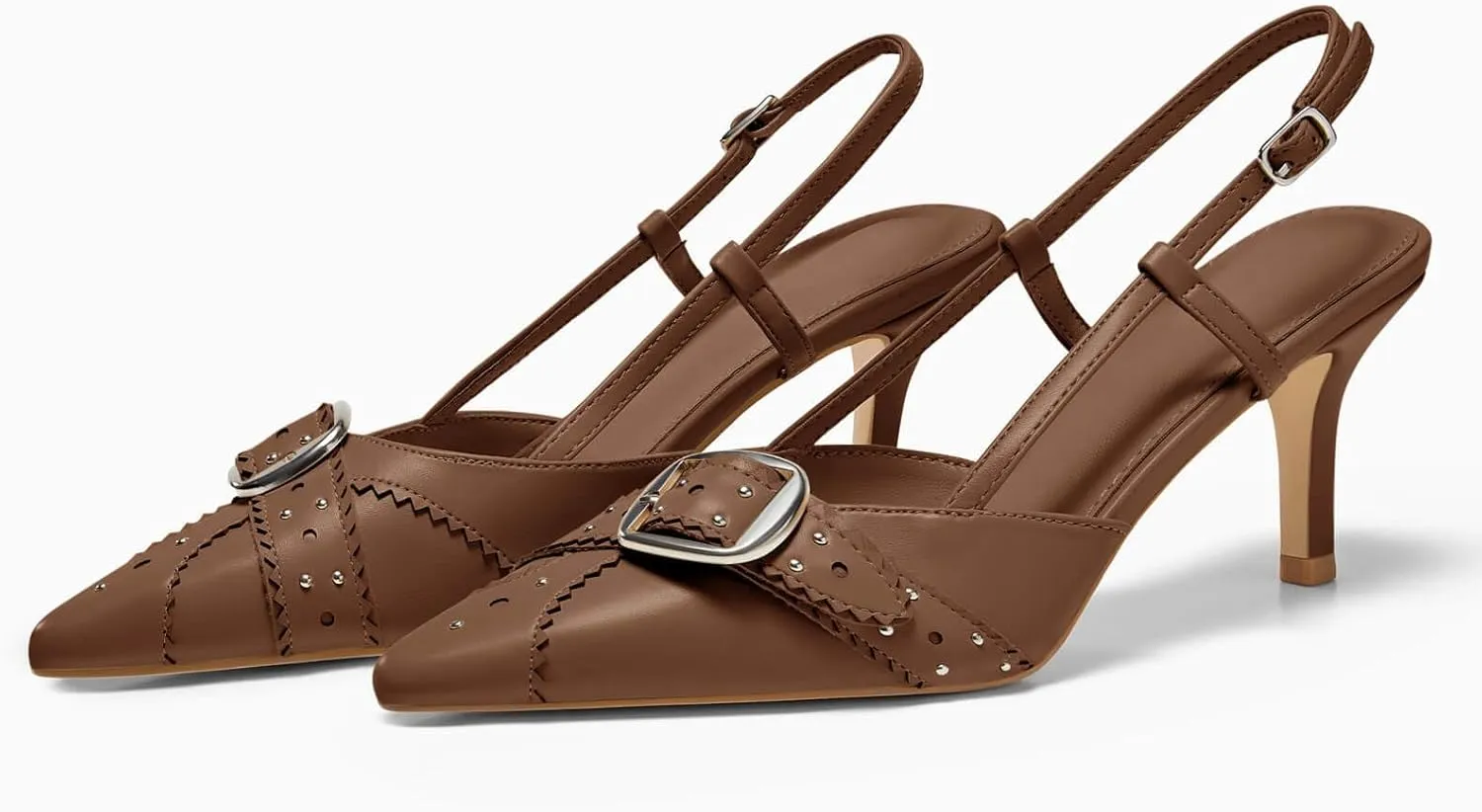 Coutgo Womens Slingback Kitten Heels Studded Closed Pointed Toe Pumps with Buckle Party Dress Shoes