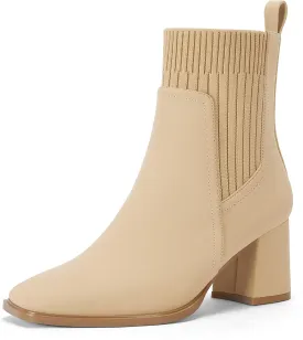 Coutgo Women's Slip On Ankle Boots Chunky Block Heel Square Toe Splicing Dress Sock Booties
