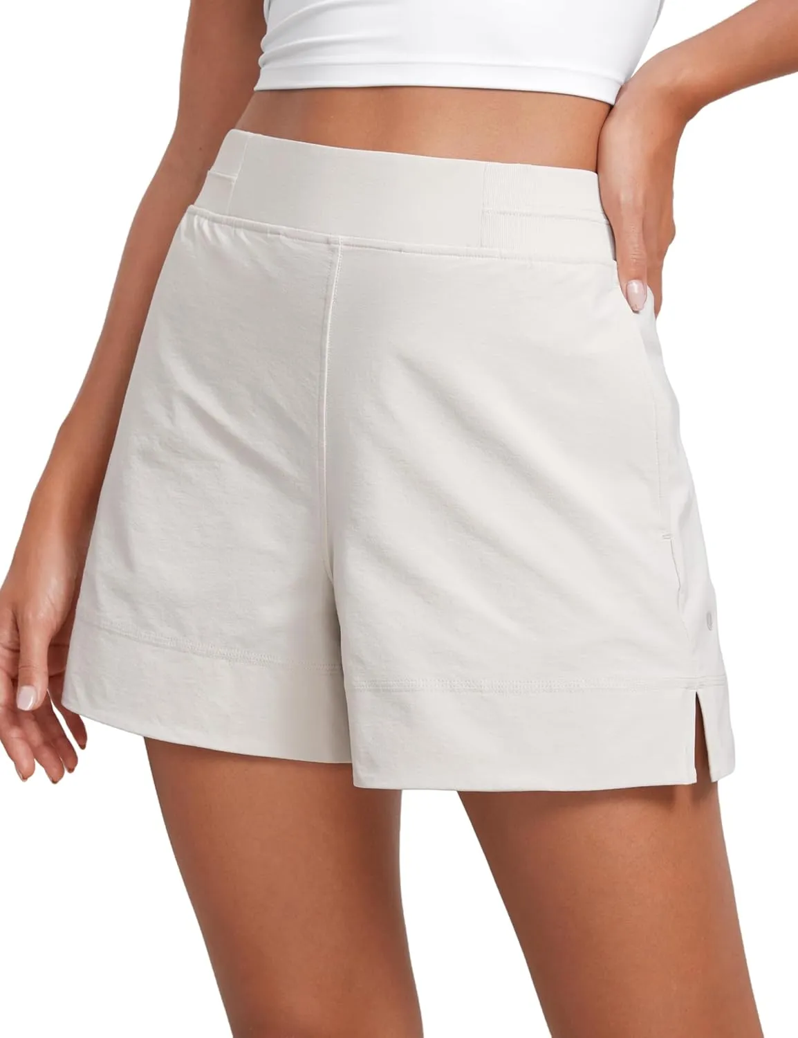 CRZ YOGA Stretch Womens Shorts Casual 4" Linerless High Waisted V Slit for Athletic Hiking Dress Golf with Pockets