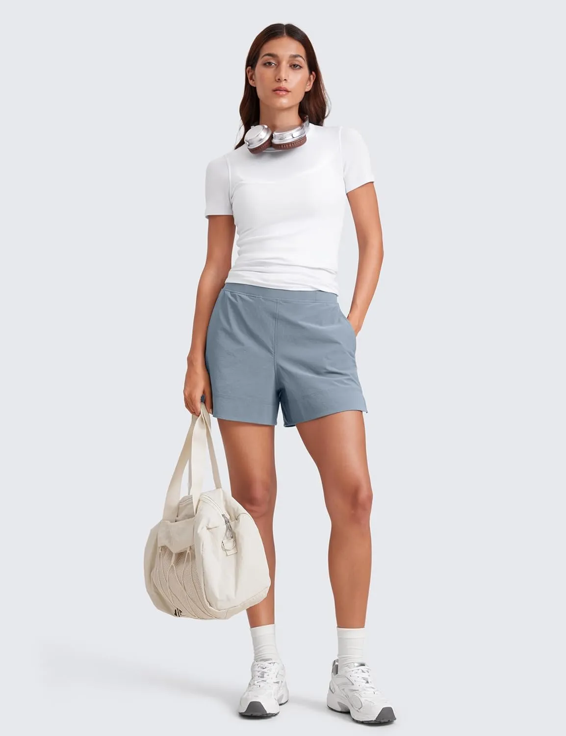 CRZ YOGA Stretch Womens Shorts Casual 4" Linerless High Waisted V Slit for Athletic Hiking Dress Golf with Pockets