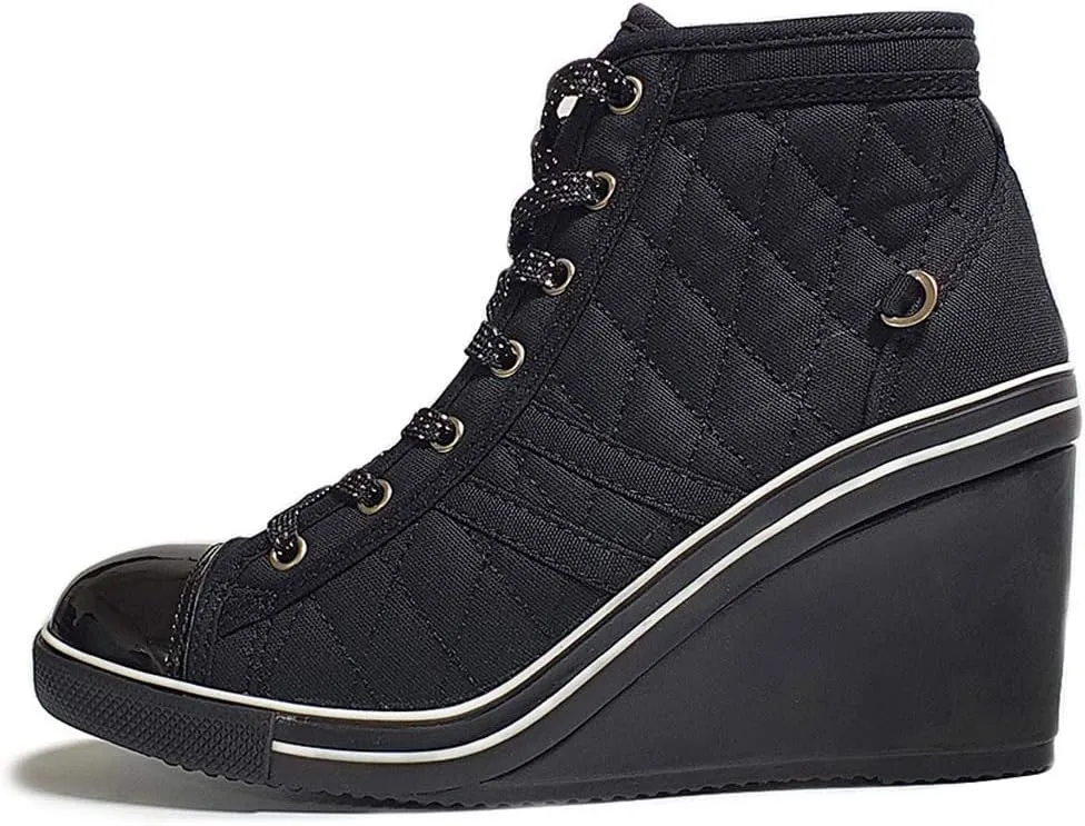 epdavin Women's Casual Canvas High Top High Heel Wedges Quilted Lace Up Sneakers