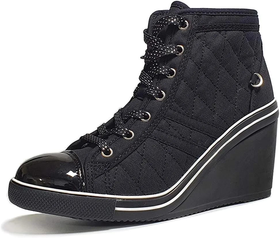 epdavin Women's Casual Canvas High Top High Heel Wedges Quilted Lace Up Sneakers
