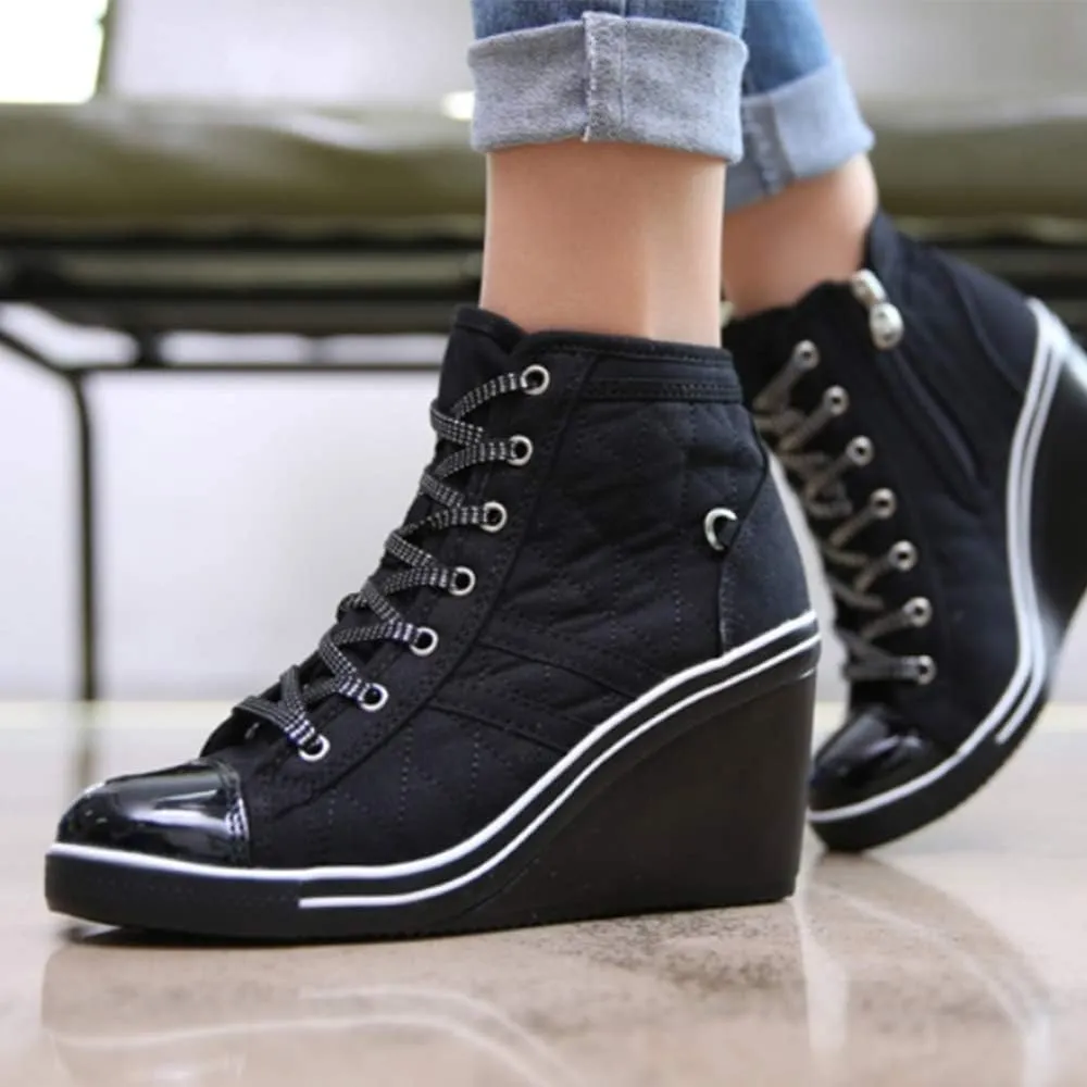 epdavin Women's Casual Canvas High Top High Heel Wedges Quilted Lace Up Sneakers