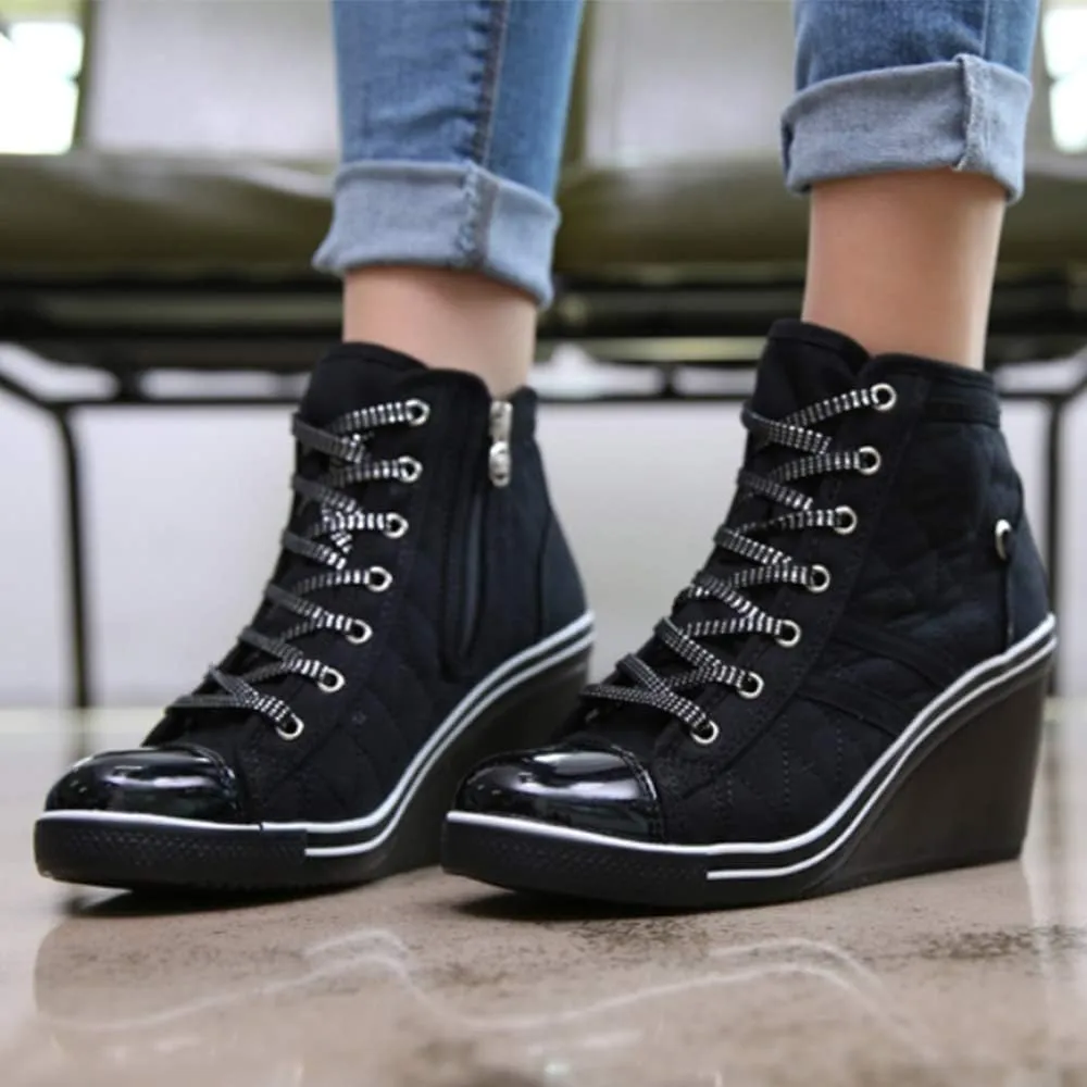 epdavin Women's Casual Canvas High Top High Heel Wedges Quilted Lace Up Sneakers