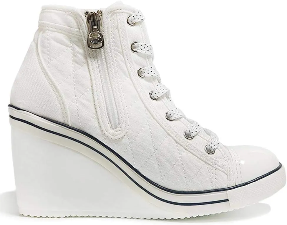 epdavin Women's Casual Canvas High Top High Heel Wedges Quilted Lace Up Sneakers