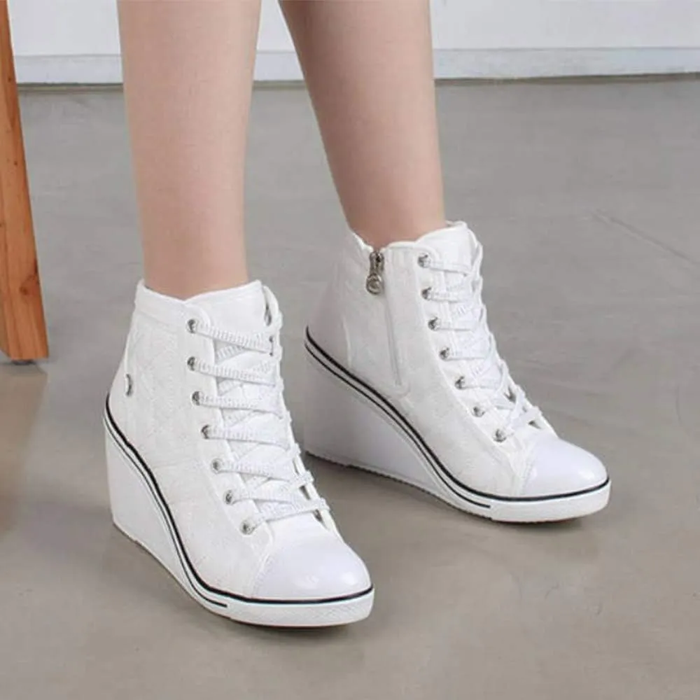 epdavin Women's Casual Canvas High Top High Heel Wedges Quilted Lace Up Sneakers