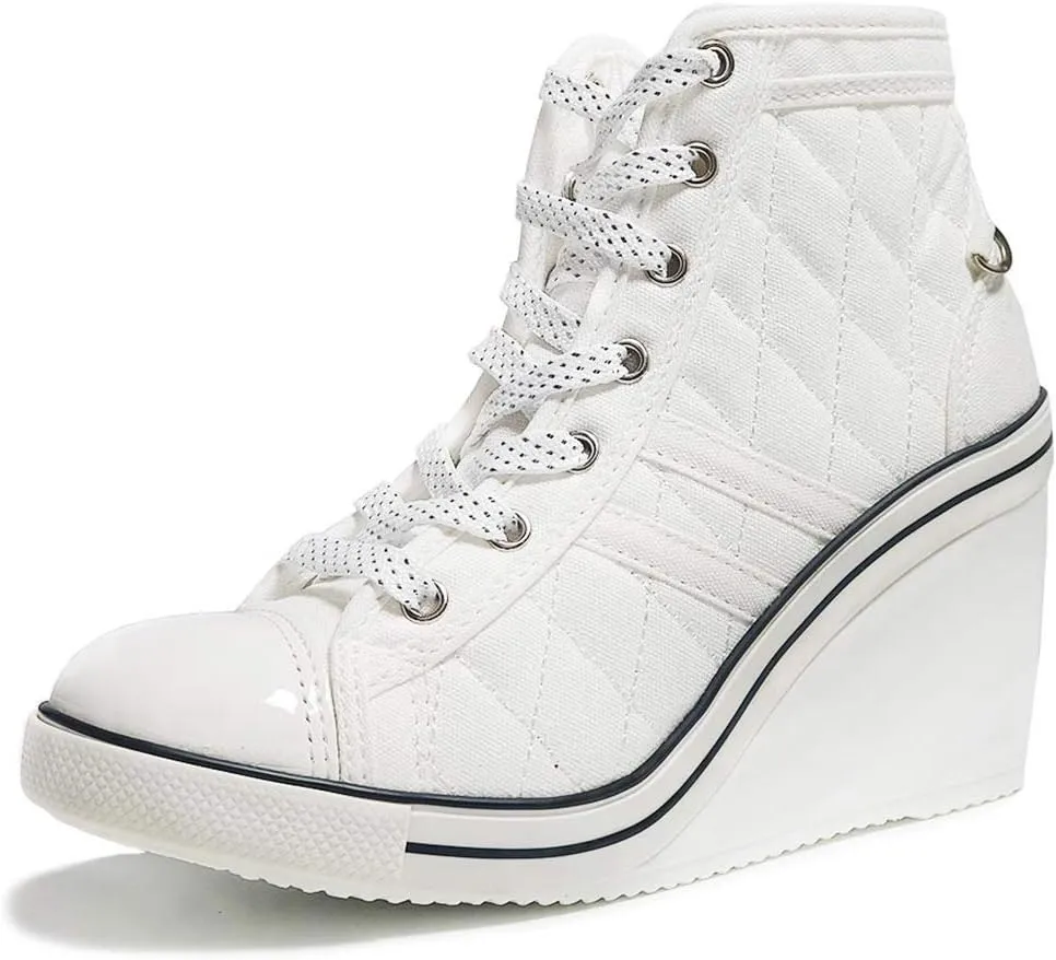 epdavin Women's Casual Canvas High Top High Heel Wedges Quilted Lace Up Sneakers