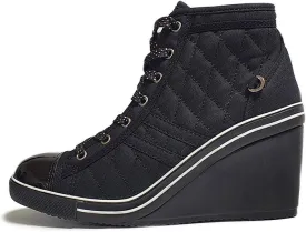 epdavin Women's Casual Canvas High Top High Heel Wedges Quilted Lace Up Sneakers