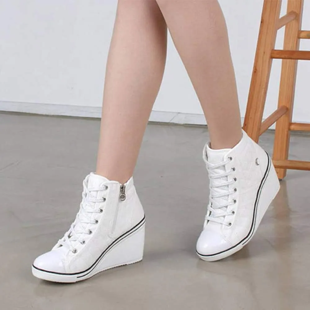 epdavin Women's Casual Canvas High Top High Heel Wedges Quilted Lace Up Sneakers