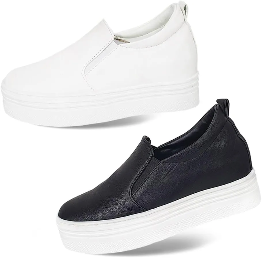 epdavin Women's Casual Leather Hidden Wedges Slip On Platform Sneakers Shoes