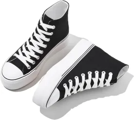 FINIWOR High Top Platform Sneakers for Women,Classic Black and White Canvas Shoes Womens Lace-up High Top Tennis Shoes