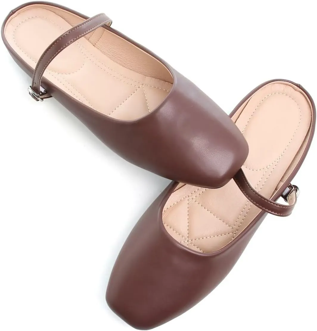 Hee grand Mules for Women Mary Jane Shoes Retro Square Toe Strap Backless Flat Mules Comfortable Flat Slippers