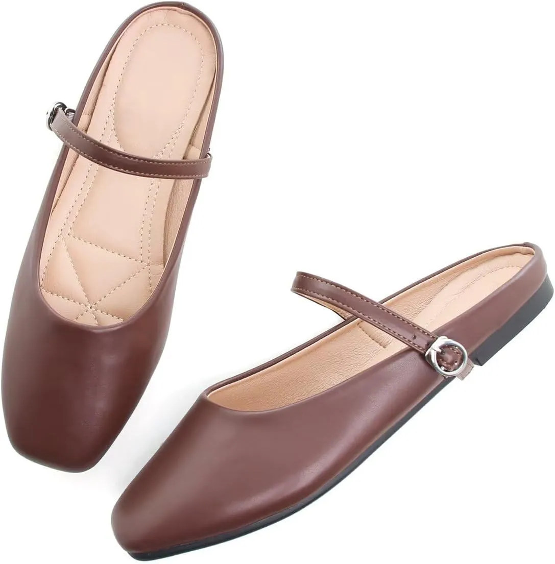 Hee grand Mules for Women Mary Jane Shoes Retro Square Toe Strap Backless Flat Mules Comfortable Flat Slippers