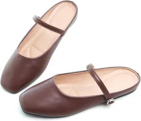 Hee grand Mules for Women Mary Jane Shoes Retro Square Toe Strap Backless Flat Mules Comfortable Flat Slippers