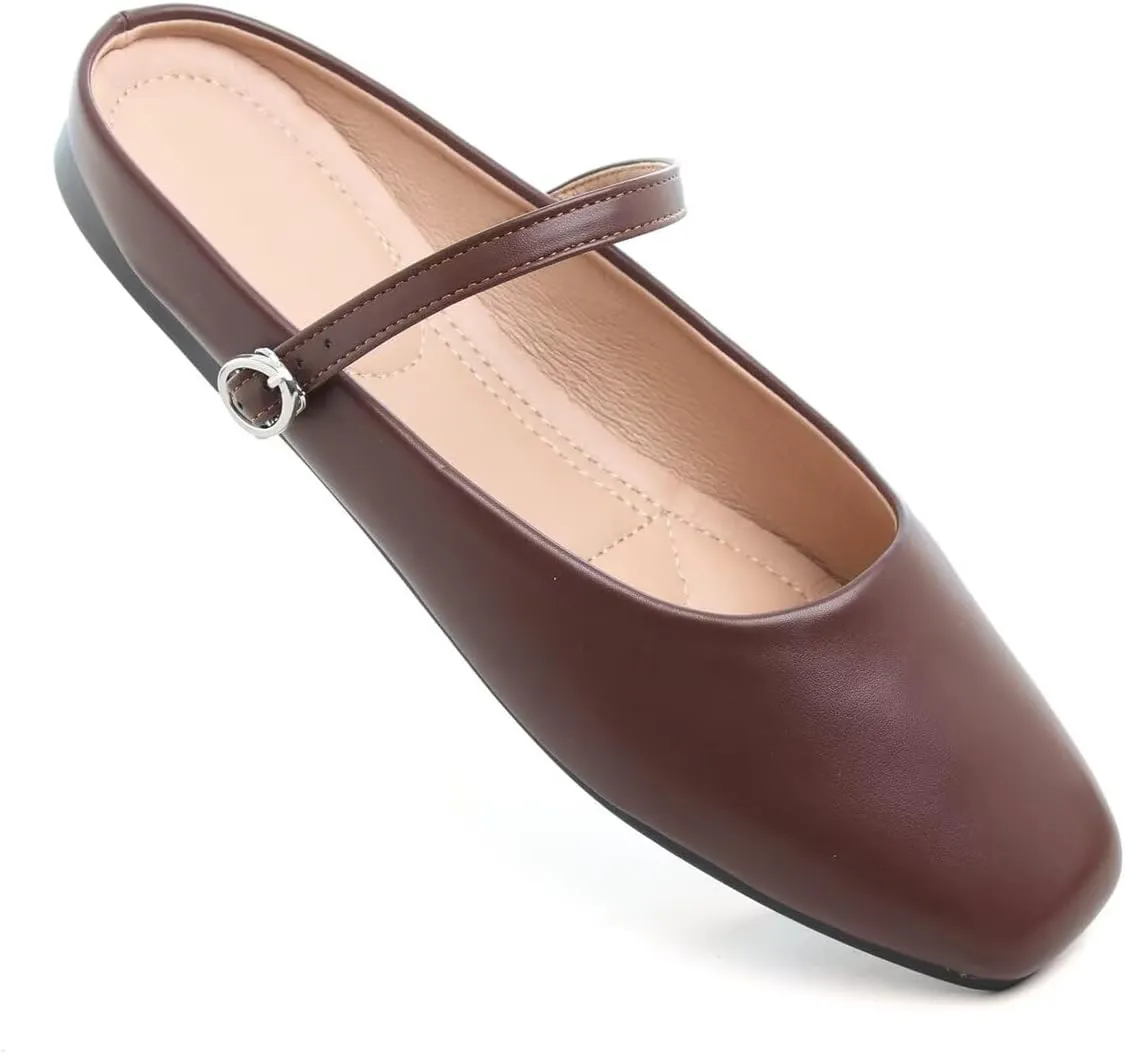Hee grand Mules for Women Mary Jane Shoes Retro Square Toe Strap Backless Flat Mules Comfortable Flat Slippers