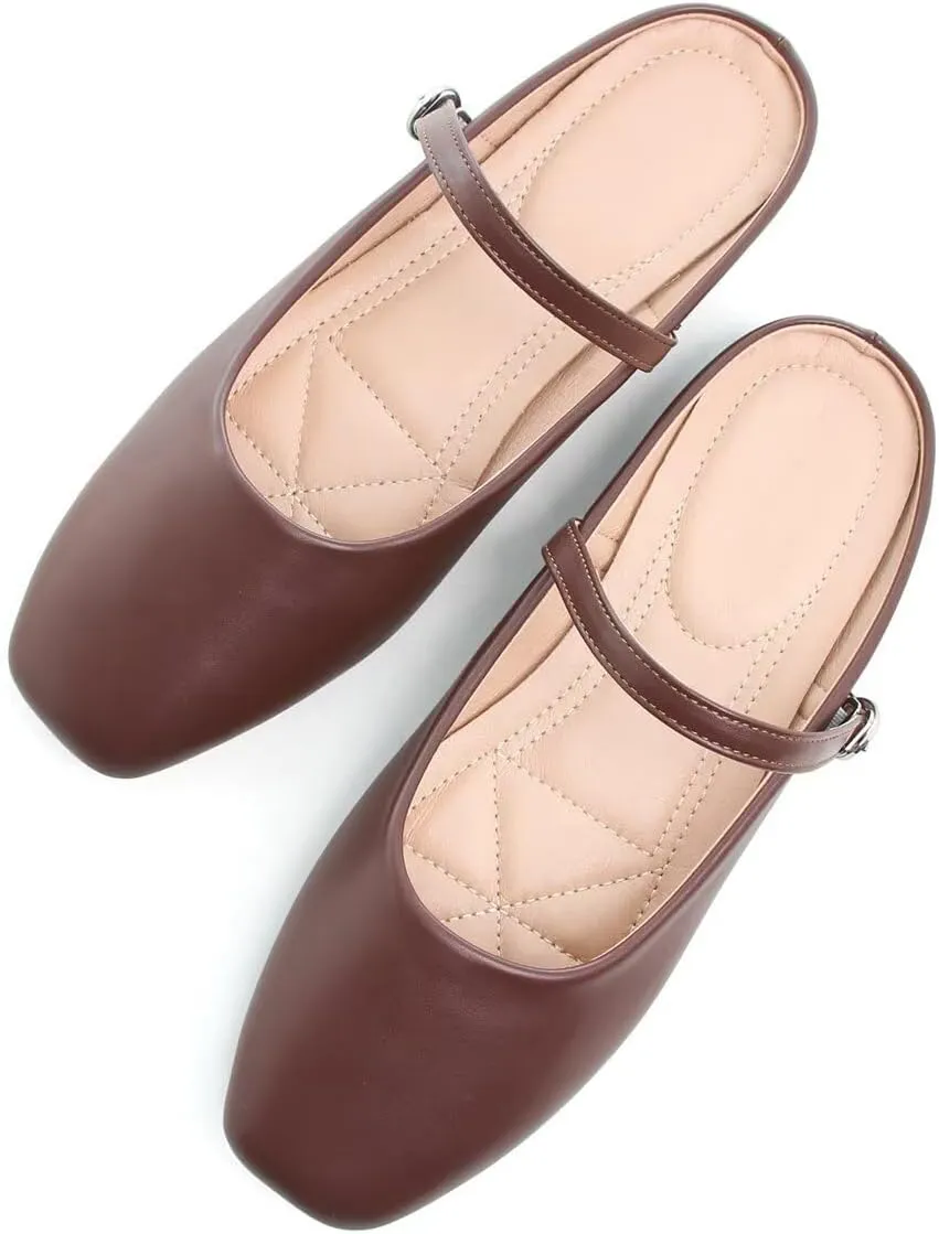 Hee grand Mules for Women Mary Jane Shoes Retro Square Toe Strap Backless Flat Mules Comfortable Flat Slippers