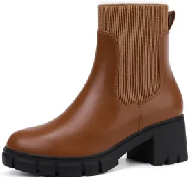 IDIFU IN2 Chelsea Boots Elastic Ankle Boots for Women Platform Lug Sole Women's Boots Round Toe Low Chunky Block Heeled Booties Work Dress Fashion Casual Comfortable Slip on Short Boots
