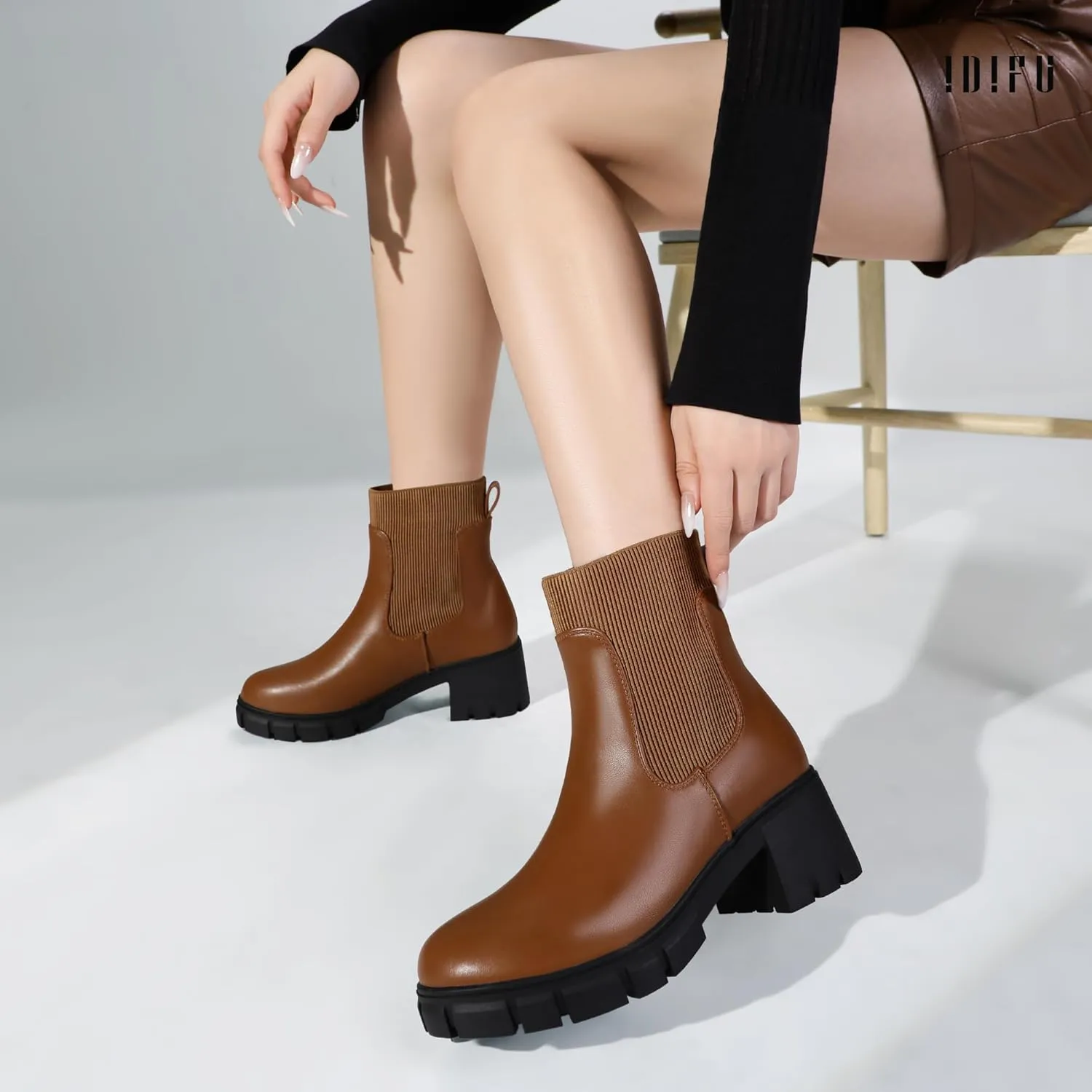 IDIFU IN2 Chelsea Boots Elastic Ankle Boots for Women Platform Lug Sole Women's Boots Round Toe Low Chunky Block Heeled Booties Work Dress Fashion Casual Comfortable Slip on Short Boots