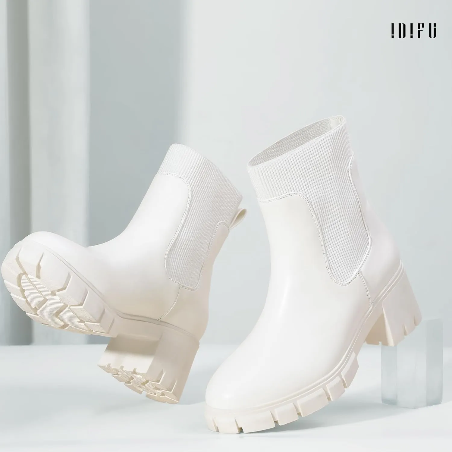 IDIFU IN2 Chelsea Boots Elastic Ankle Boots for Women Platform Lug Sole Women's Boots Round Toe Low Chunky Block Heeled Booties Work Dress Fashion Casual Comfortable Slip on Short Boots
