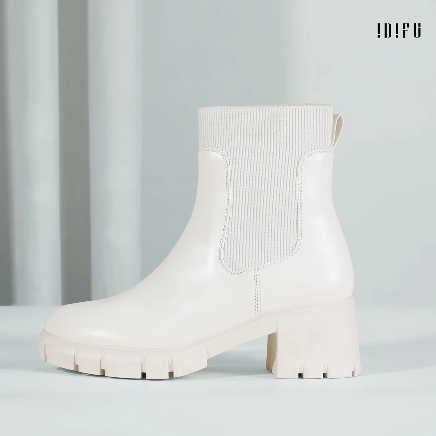 IDIFU IN2 Chelsea Boots Elastic Ankle Boots for Women Platform Lug Sole Women's Boots Round Toe Low Chunky Block Heeled Booties Work Dress Fashion Casual Comfortable Slip on Short Boots